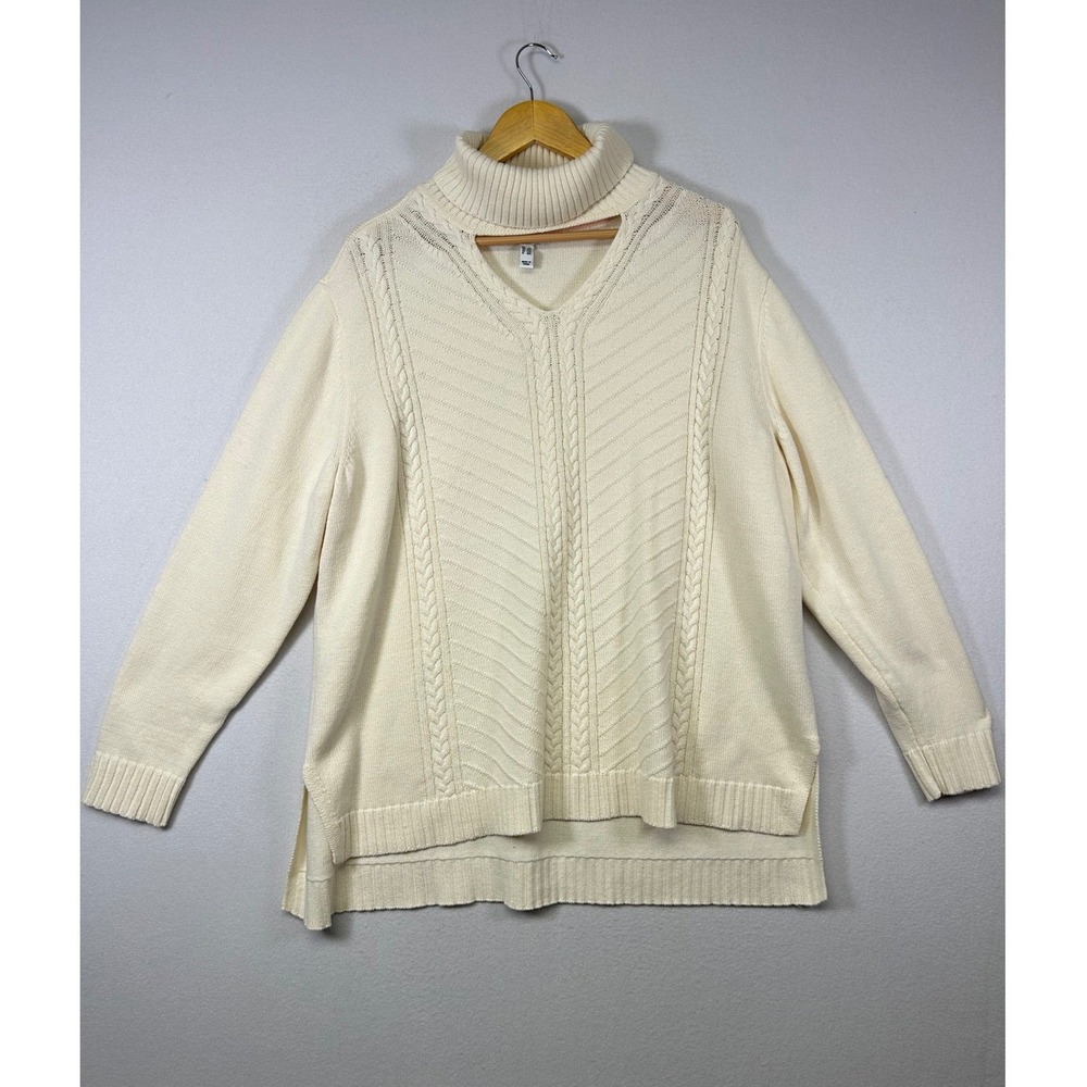 Cozy Chic Isaac Mizrahi Live Women 2X Cream Cutout Cable Knit Turtleneck Sweater